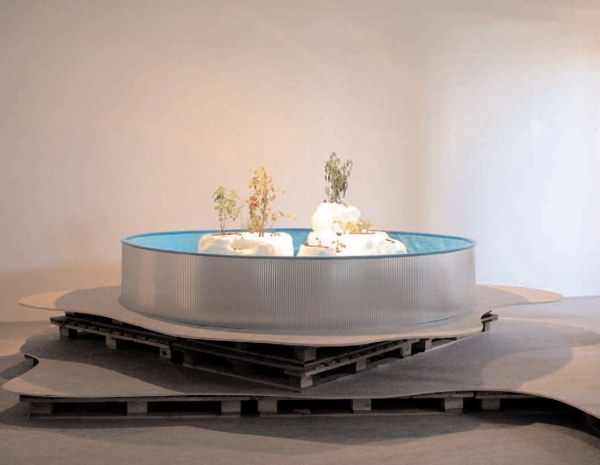 Horti, vues de l’exposition ICI REVER ICI, piscine en  tôle, polystyrène et plantes potagères, ESBAT, Tours 2005 